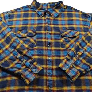 Harbor Bay Mens 3XL Blue Yellow Plaid Flannel Snap Button Shirt 100% Cotton
